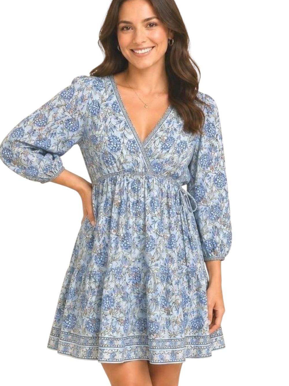 Max Studio Blue Floral Paisley Wrap Dress Small Tiered Long Sleeve